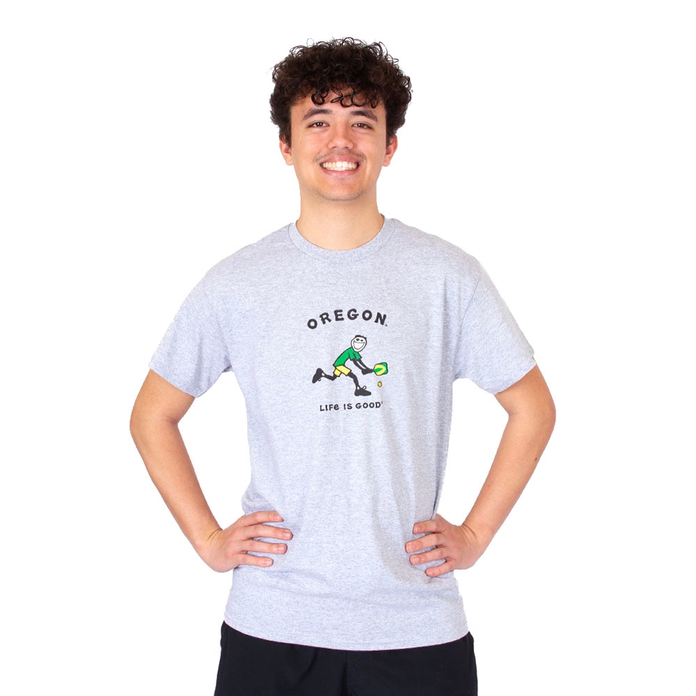 Arched Oregon, Blue 84, Grey, Crew Neck, Cotton Blend, Men, Unisex, Overdyed, Life is Good, Jake, Playing Pickle Ball, T-Shirt, 934830